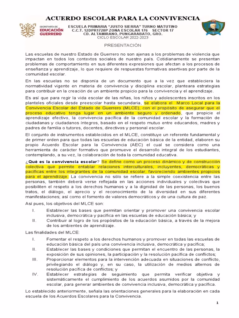 ¿Cuál es el objetivo del acuerdo de convivencia escolar?