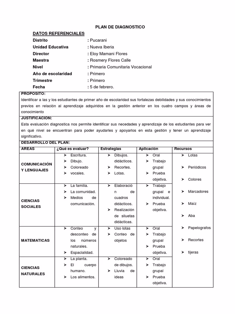 ¿Qué aspectos se evalúan en la evaluación diagnóstica?