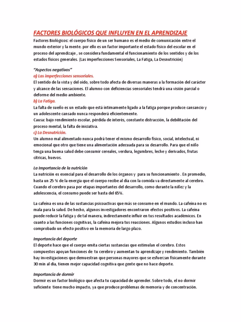 ¿Qué factores biológicos influyen en el aprendizaje de los niños?