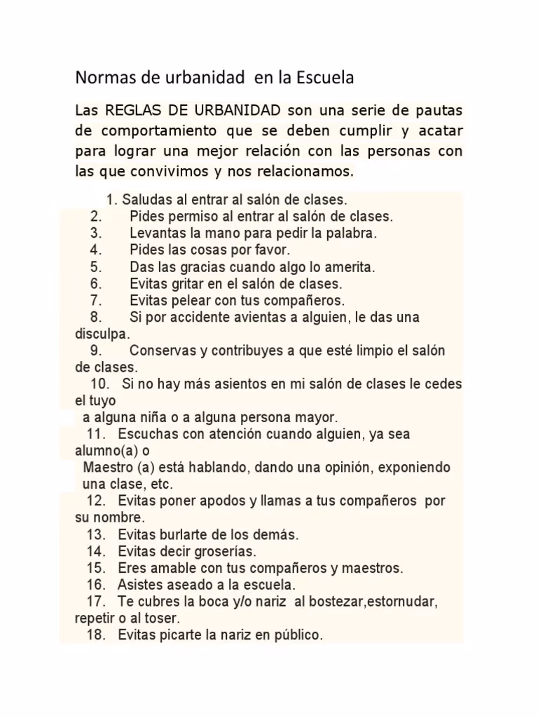 ¿Cuáles son las 10 reglas de urbanidad?